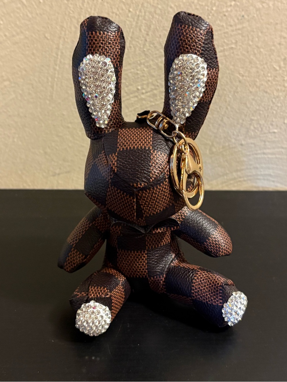 Brown Check Rabbit Bunny Figure Doll Keychain with Crystal Rhinestone Accents